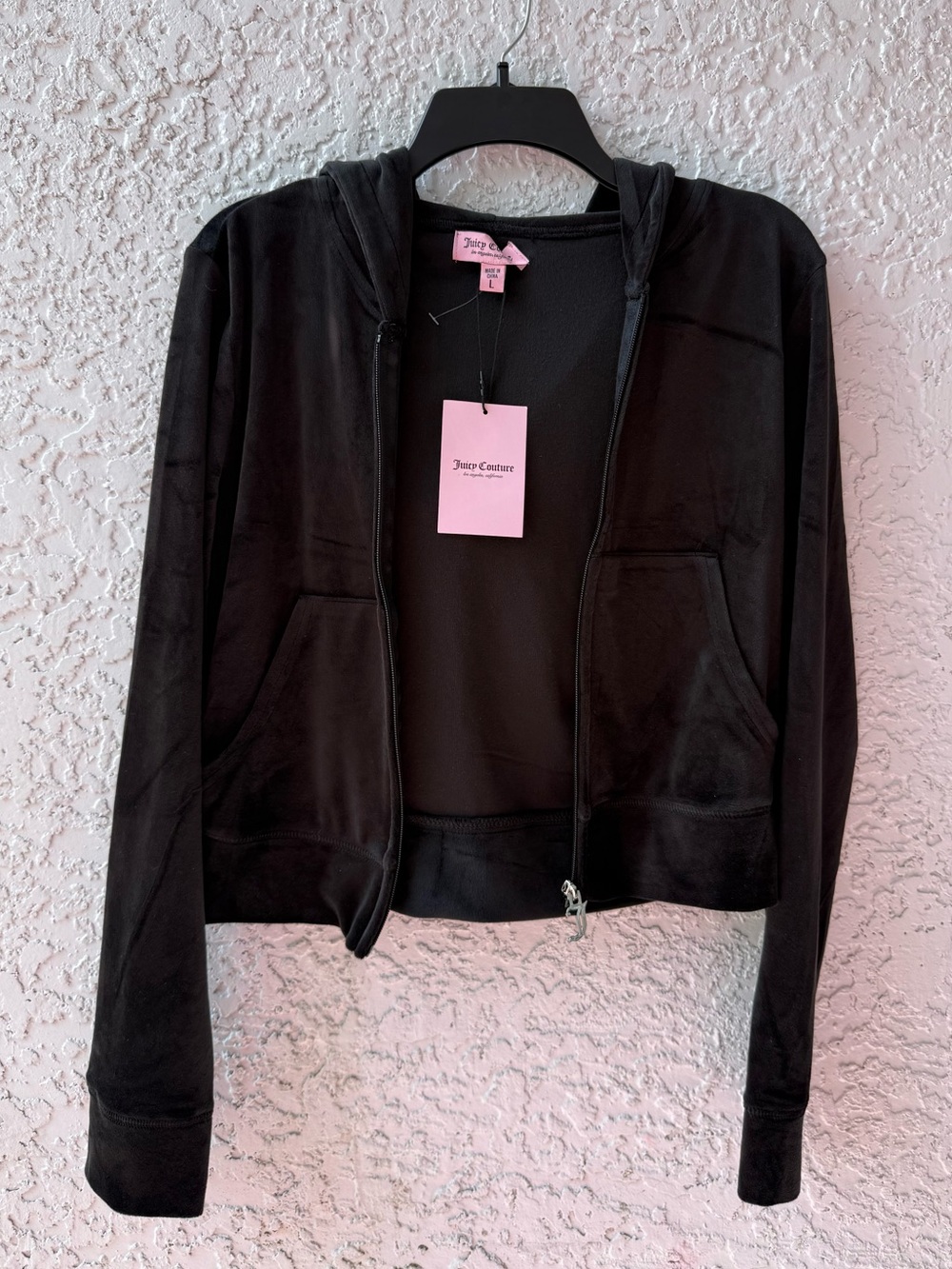 Juicy Couture Classic Bling Track Velour Zip Up Hoodie Black Rhinestone Large